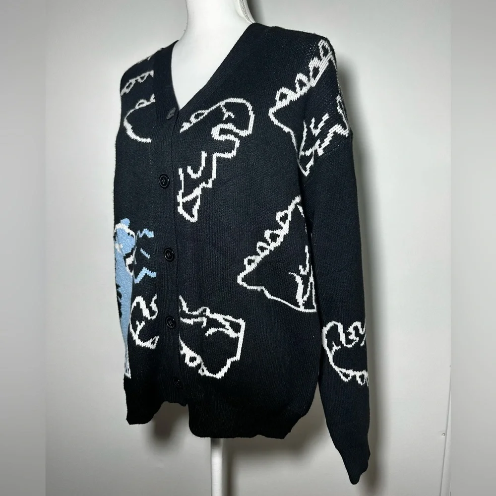 Cute Kawaii Cartoon Dinosaur Print Long Sleeve Loose Knitted Cardigan w Buttons - Picture 4 of 11